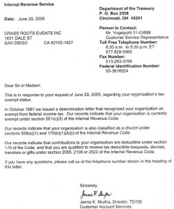 IRS letter confirming Grass Roots Events Inc as a 501(c)3