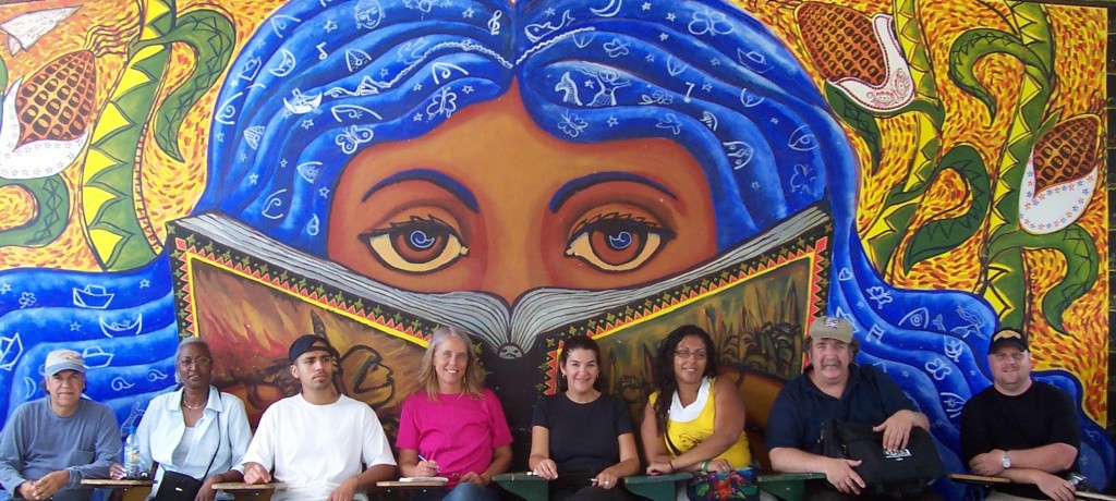Teacher delegates with Zapatista mural
