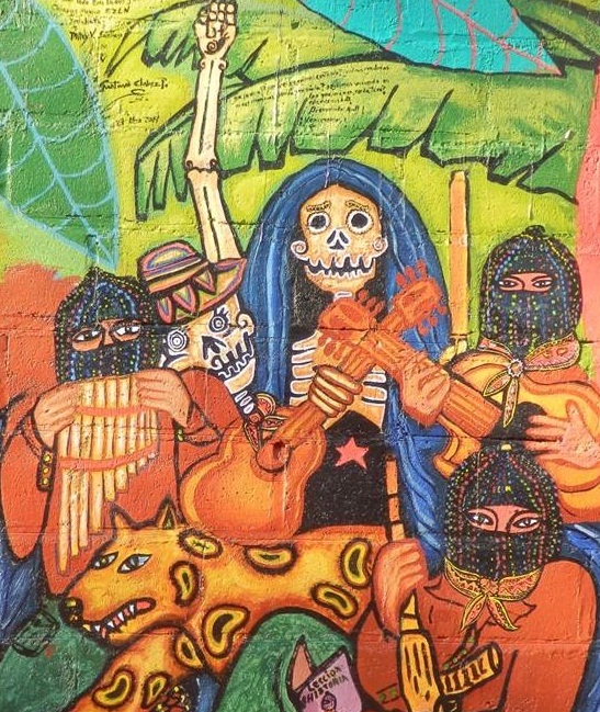 Musical band of those who have crossed to the other side in the Zapatista educational and production center of Jolja. Painted 2014.